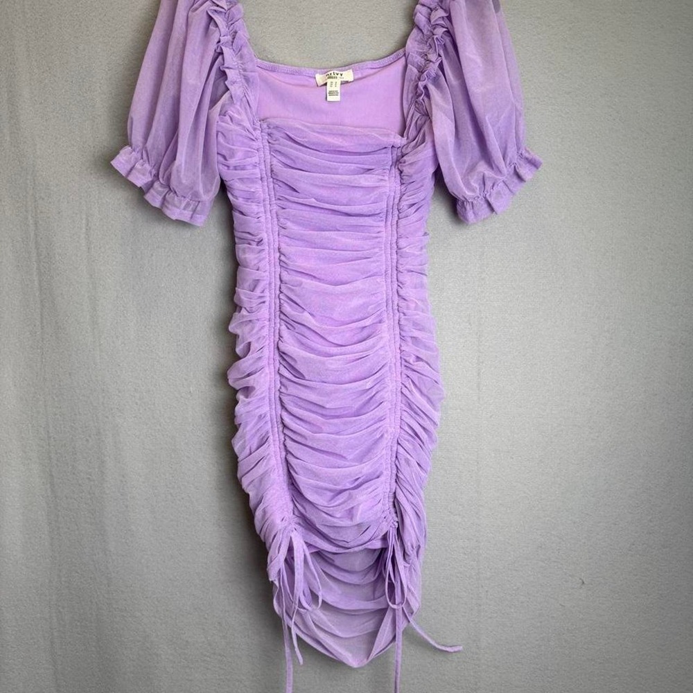 Lavender Rushed Bodycon Mini Dress Puff Sleeve Square Neck Y2K Small